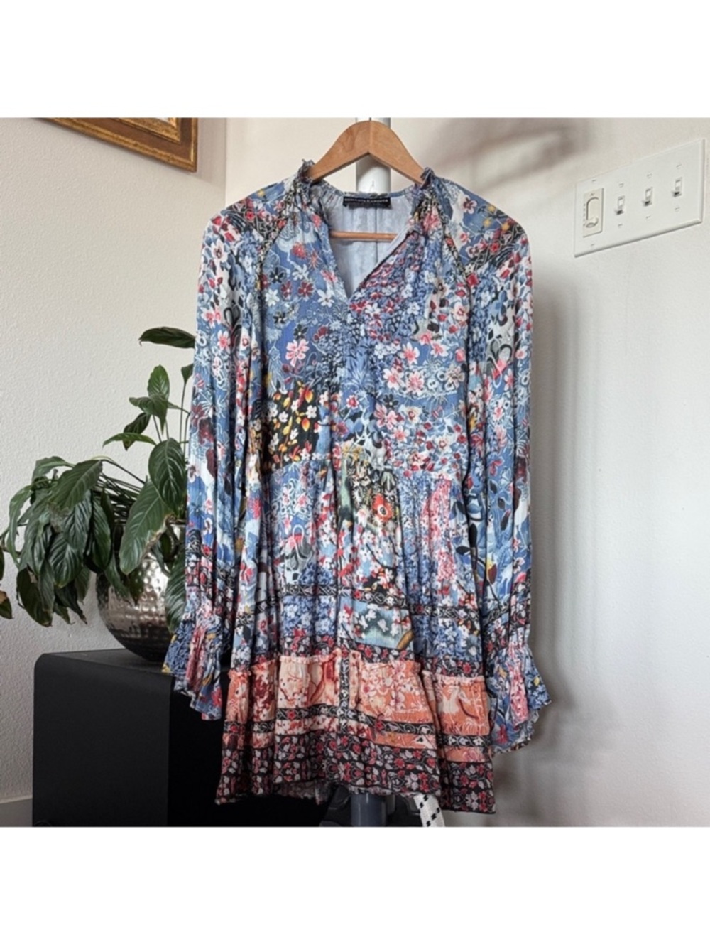 Hemant and Nandita Floral Boho Mini Dress Sz XS/S Petite Long Sleeve Blue White